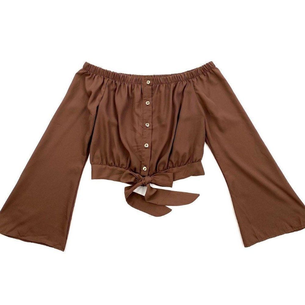Polly & Esther Blouse Top Brown Off-The-Shoulder‎